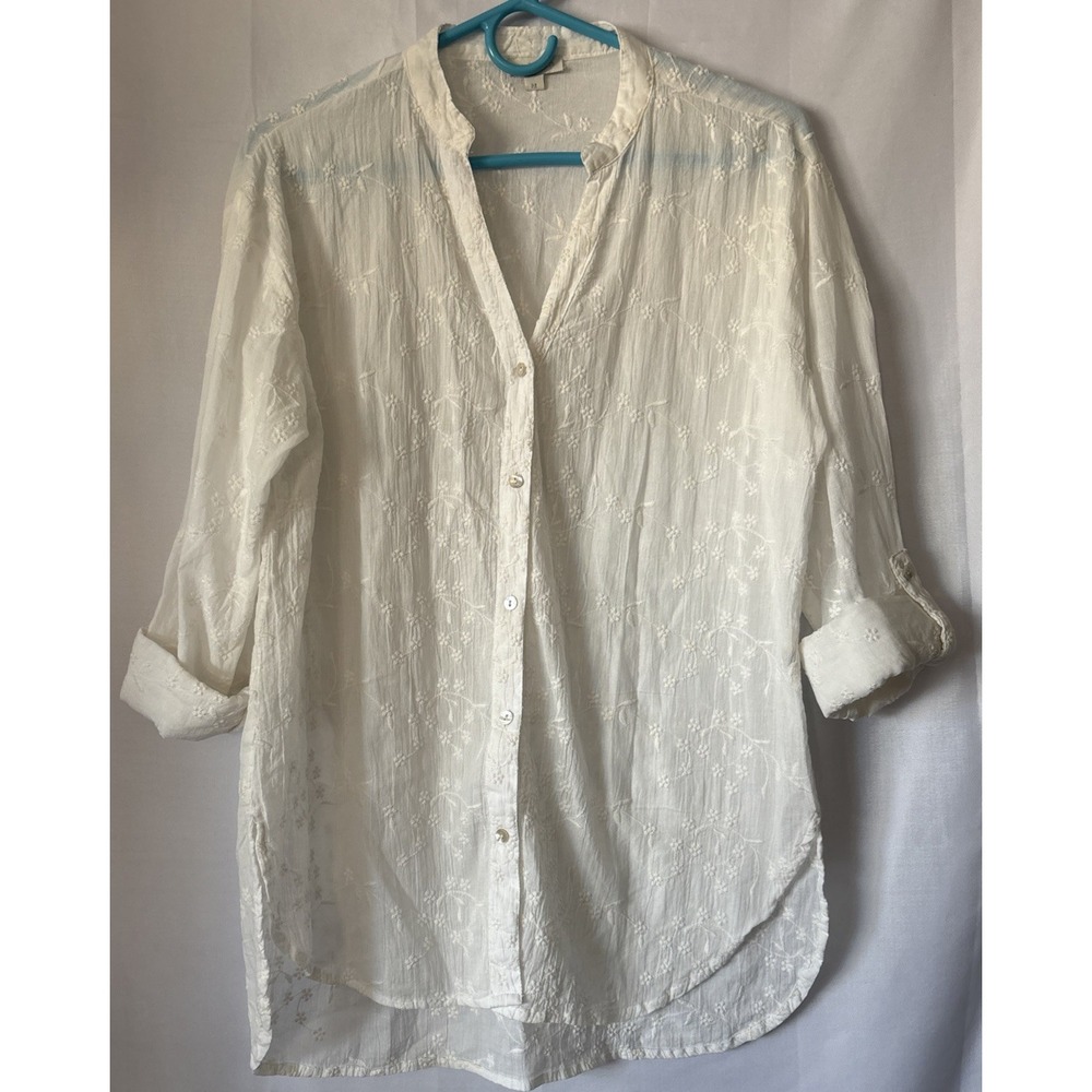 Jennifer & Grace White‎ Floral Embroidered Cotton Button Up Blouse Roll Tab Med
